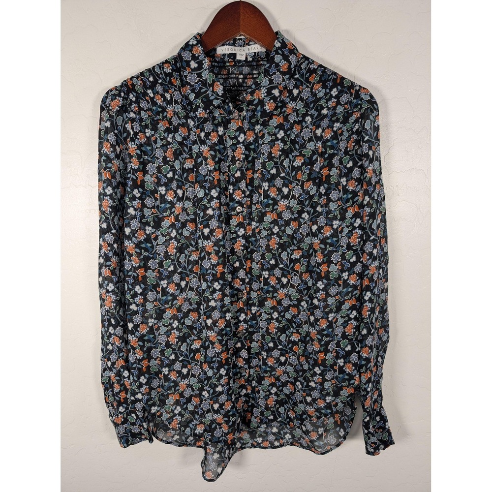 Veronica Beard Shirt Womens 4 Black Silk Floral Button Front Tunic Top Sheer